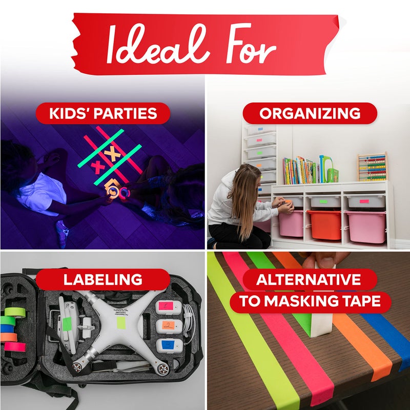 XFasten Multicolor Neon Gaffer Tape, 1-inch x 18-feet Multipurpose Gaffers Tape (5-Pack), UV Backlight Reactive Fluorescent Pro Gaff Tape, Heavy Duty Matte Fluorescent Gaffers Tape - Image 5